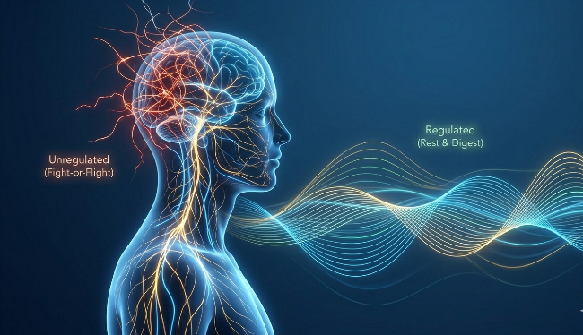 Visualization of the human nervous system shifting from stress to regulated calm