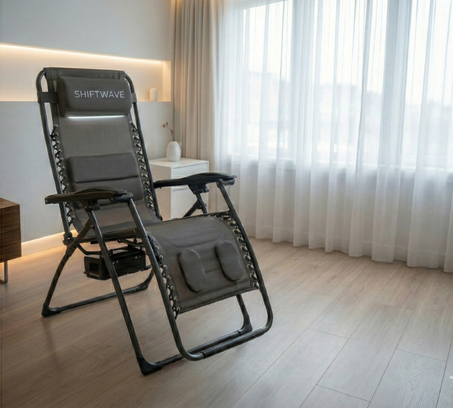 The authentic Shiftwave Pro chair in a calm Calgary psychology clinic